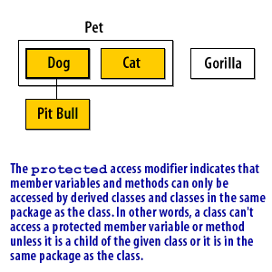  The protected access modifier indicates that member variables and methods can only be accessed by derived classes and classes in the same package as the class.  