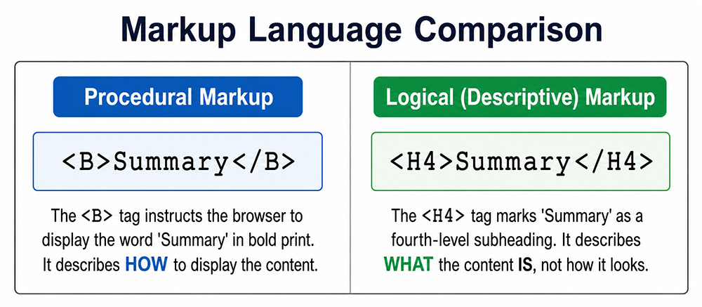 Diagram comparing procedural markup using the B tag versus logical markup
using the H4 tag, illustrating the difference between how content looks
and what content means