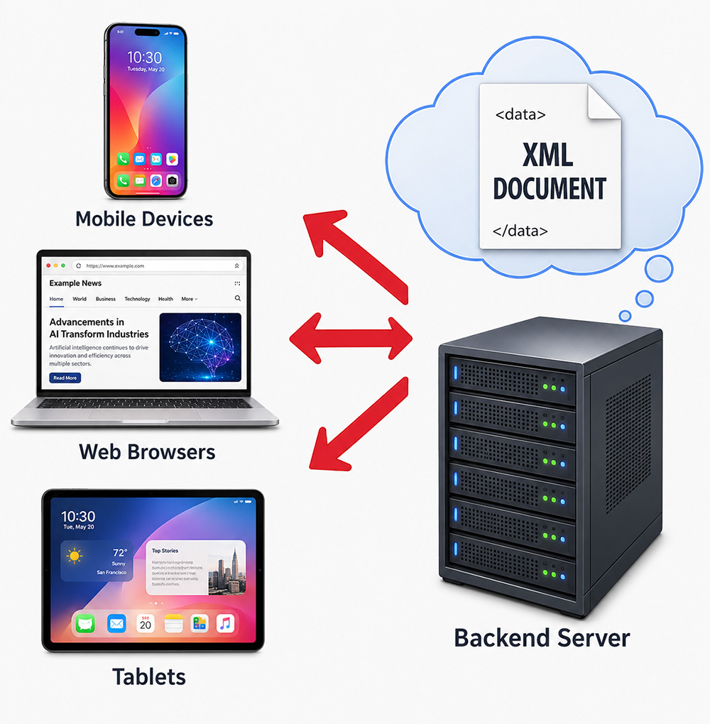 Diagram showing an XML document in the cloud exchanging data with mobile devices,
web browsers, tablets, and a backend server via bidirectional connections.