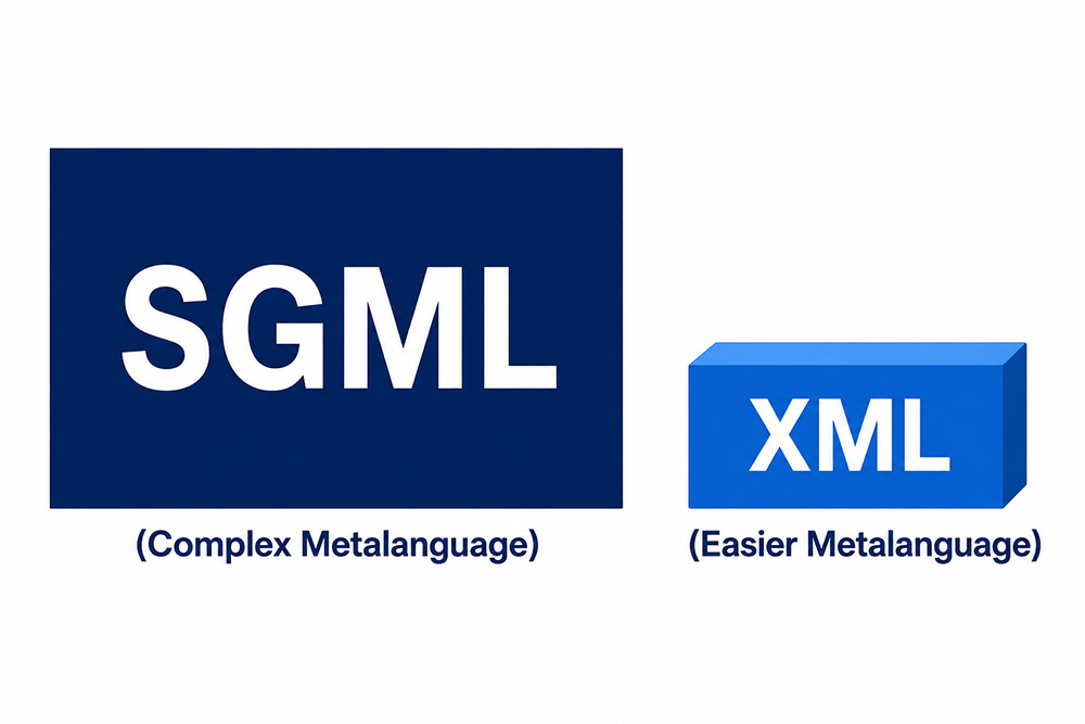 Comparison diagram showing SGML as a complex metalanguage and XML as an easier metalanguage, illustrated by relative block sizes.