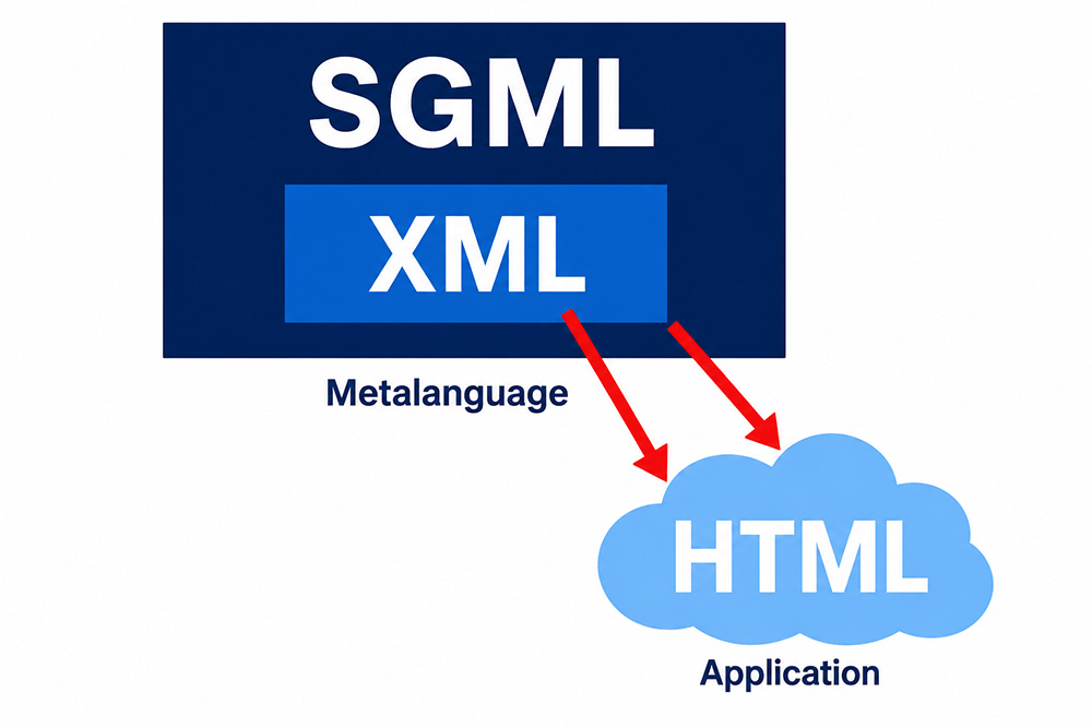 Diagram showing XML contained within SGML as metalanguages, with red arrows pointing to HTML as an application derived from both.