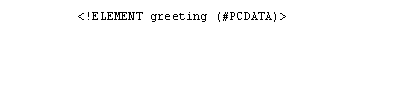 5)The DTD for the previous example would be written like this. This code represents the element type declaration for the element named greeting. The parentheses that follow indicate the content type for the greeting element.