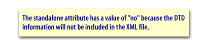 The standalone attribute has a value of "no" because the DTD information will not be included in the XML file.